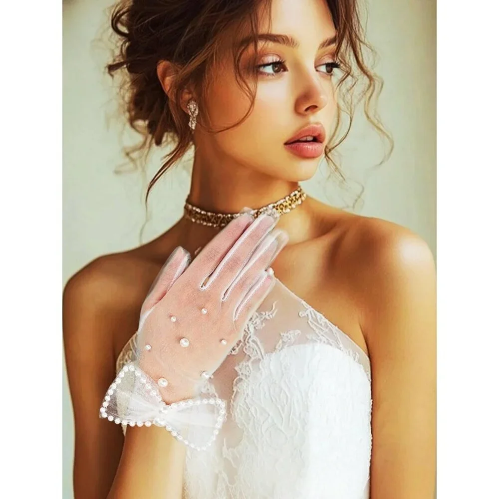 Women's White Pearl Bow Gloves Sheer Tea Party Tulle Mesh Bridal Party Prom